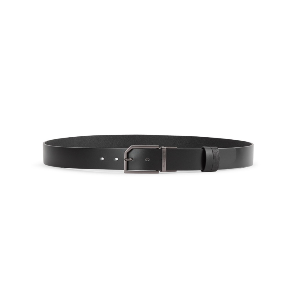DAPPER เข็มขัดหนังแท้ Snip Corner Rectangle Pin Buckle Belt แบบใส่ได้ 2 ด้าน สีดำ (BBCB1/1286PN)