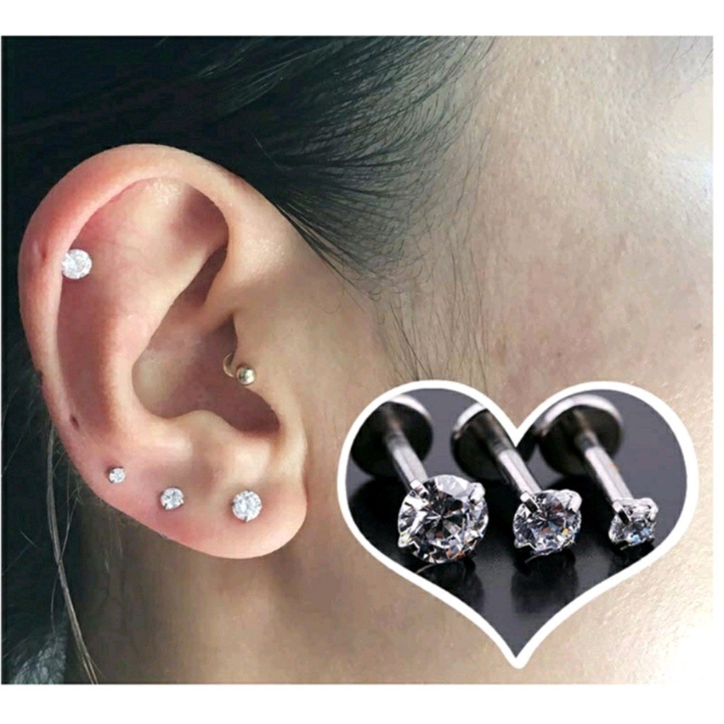 DB17 (1ชิ้น) แบบเสียบ ก้าน 0.8 ยาว 6 mm. จิวเพชรCZ Stainless 316L จิวสแตนเลส จิวเพชรกลม จิวหู