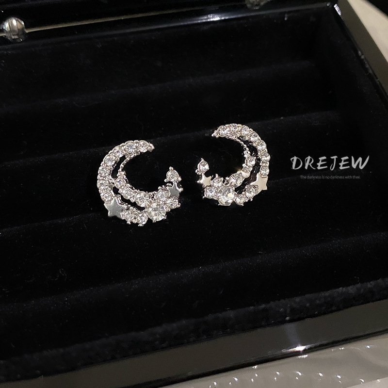 DREJEW  ต่างหูเพชร 925 รูปดวงจันทร์ ดาวห้าแฉก หรูหรา เรียบง่าย ใช้แล้วไม่แพ้ อเนกประสงค์