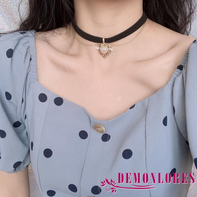 Demq- สร้อยคอกํามะหยี่ จี้หัวใจ ประดับมุก สีทอง ปรับได้ สไตล์วินเทจ สําหรับผู้หญิง