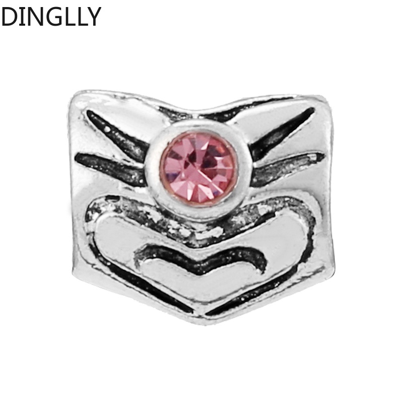 Dinglly ลูกปัดอัลลอย สีเงิน สีชมพู และพลอยเทียม รูปหัวใจ สําหรับทําเครื่องประดับ Diy