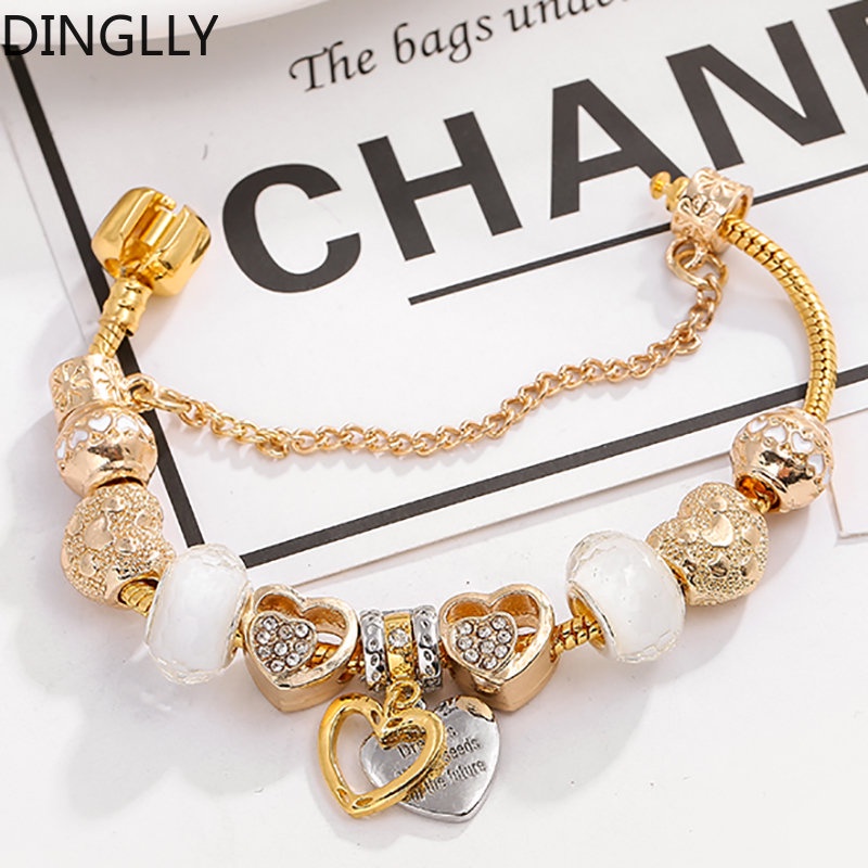 Dinglly สร้อยข้อมือ จี้รูปหัวใจ สีทอง สําหรับผู้หญิง Diy วันพรุ้ง ลูกชาย โคเฮอร์ ลูกปัด เสน่ห์