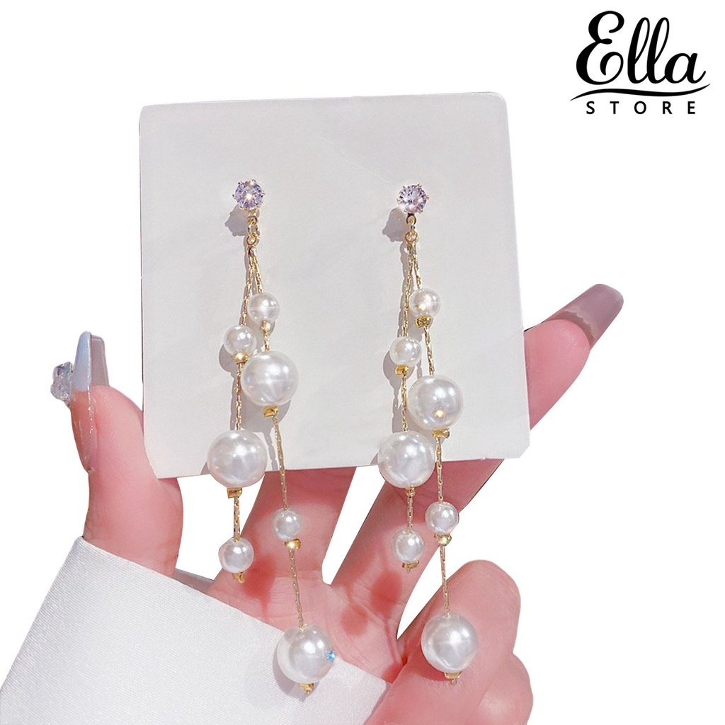 Ellastore123 ต่างหูระย้า รูปโบว์ ประดับไข่มุกเทียม พลอยเทียม 1 คู่