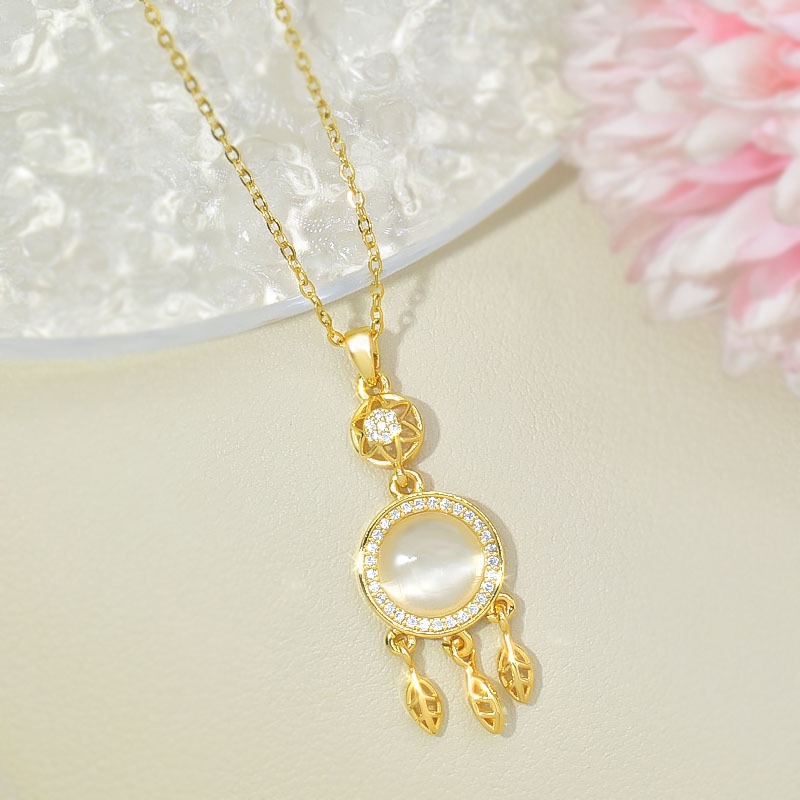 Ht สร้อยคอโซ่เหล็กไทเทเนียม จี้ตาข่ายดักฝัน โอปอล สไตล์จีน เครื่องประดับ สําหรับผู้หญิง