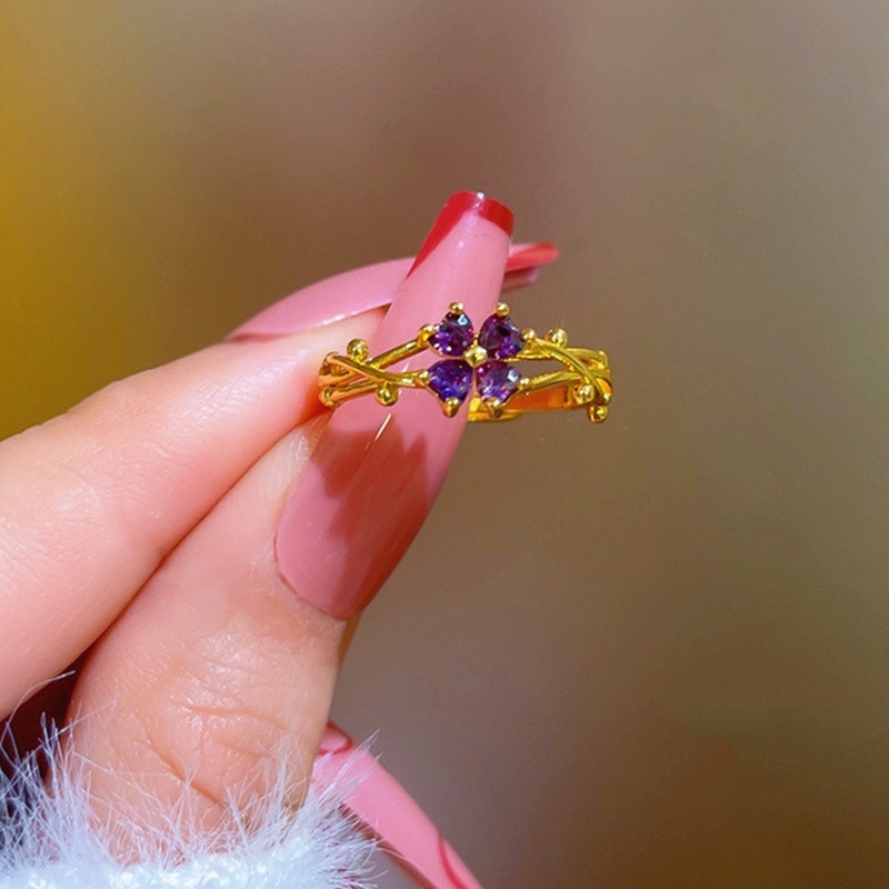 Jewelry แหวนทองฝังเพชรทองชุบสำหรับผู้หญิง ปรับขนาดได้