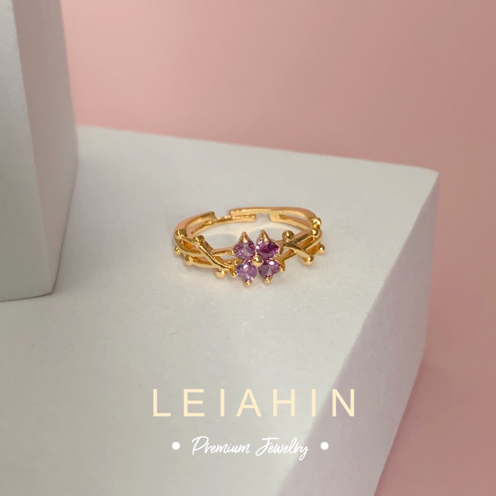 LEIAHIN แหวนแฟชั่น แหวนทอง 18k ประดับเพทาย สีม่วง ปรับได้ เครื่องประดับแฟชั่น สําหรับผู้หญิง
