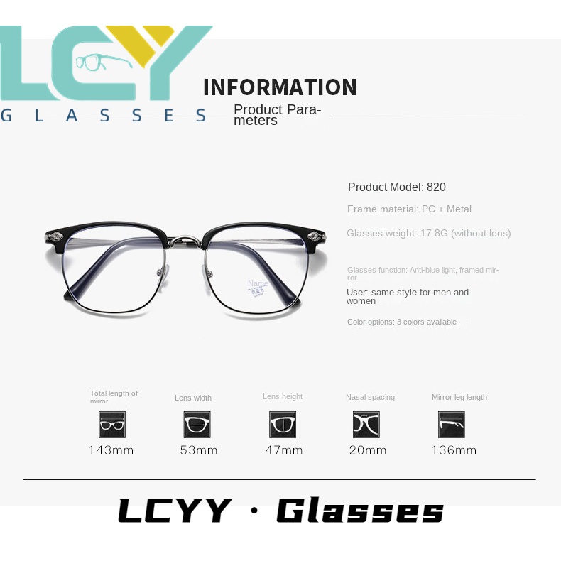 Lcyy2022 ใหม่ แว่นตา กรอบโลหะ ป้องกันแสงสีฟ้า สไตล์เรโทร สําหรับผู้ชาย -0°-5.0°/820