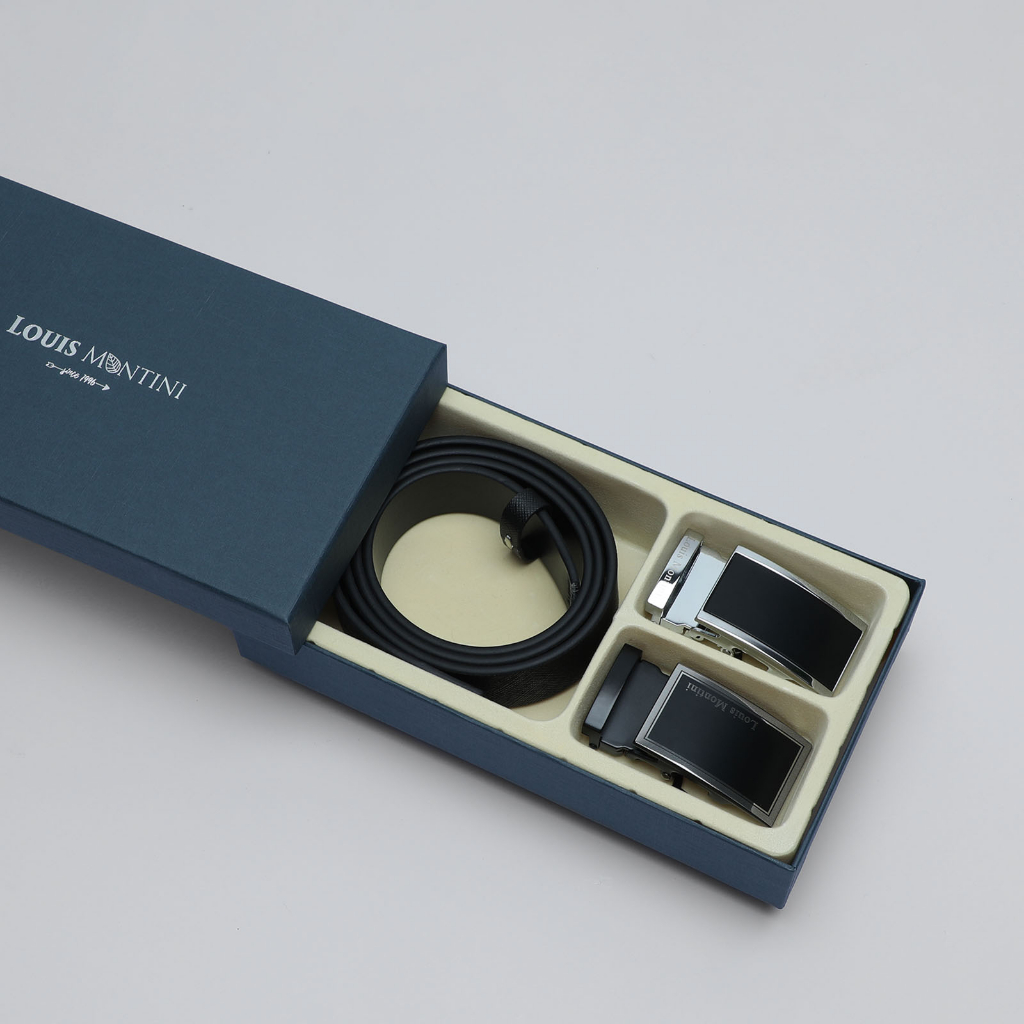 Louis Montini Boxset เข็มขัดหนังแท้ หัวออโต้เมติก 2 หัว ชุดกิ๊ฟเซ็ท Gift Set 2 Buckles Belt LM-BGS