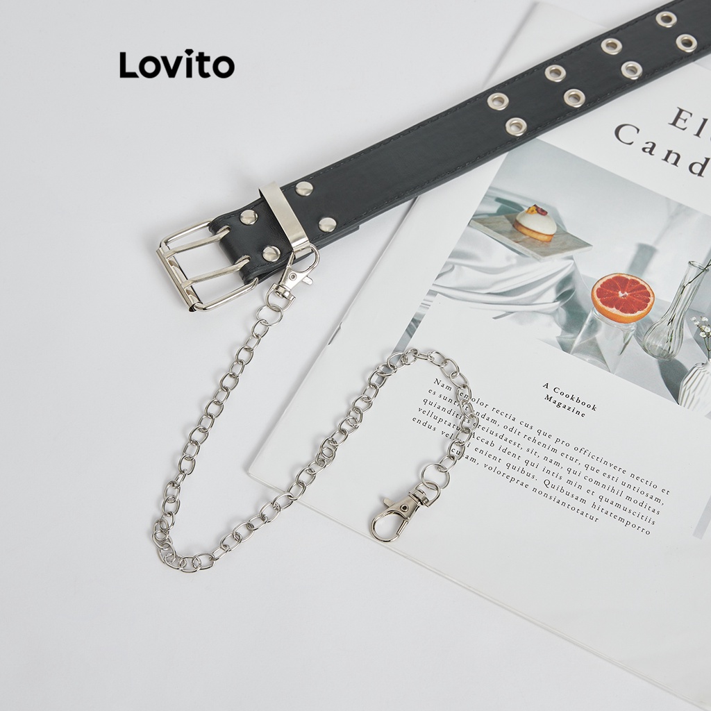 Lovito เข็มขัดลำลอง สีพื้น สายโซ่ Y2K สำหรับผู้หญิง L60AD093 (สีดำ)