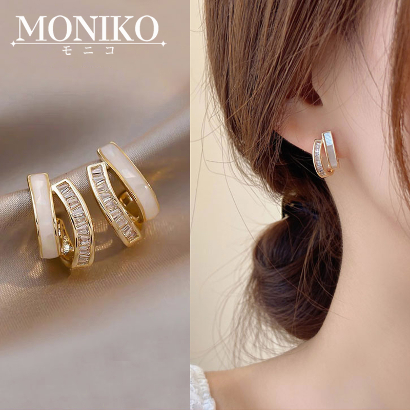MONIKO ต่างหูเปลือกหอยต่างหูแบบสองชั้นสําหรับผู้หญิง แฟชั่นสาวหวาน เครื่องประดับหู