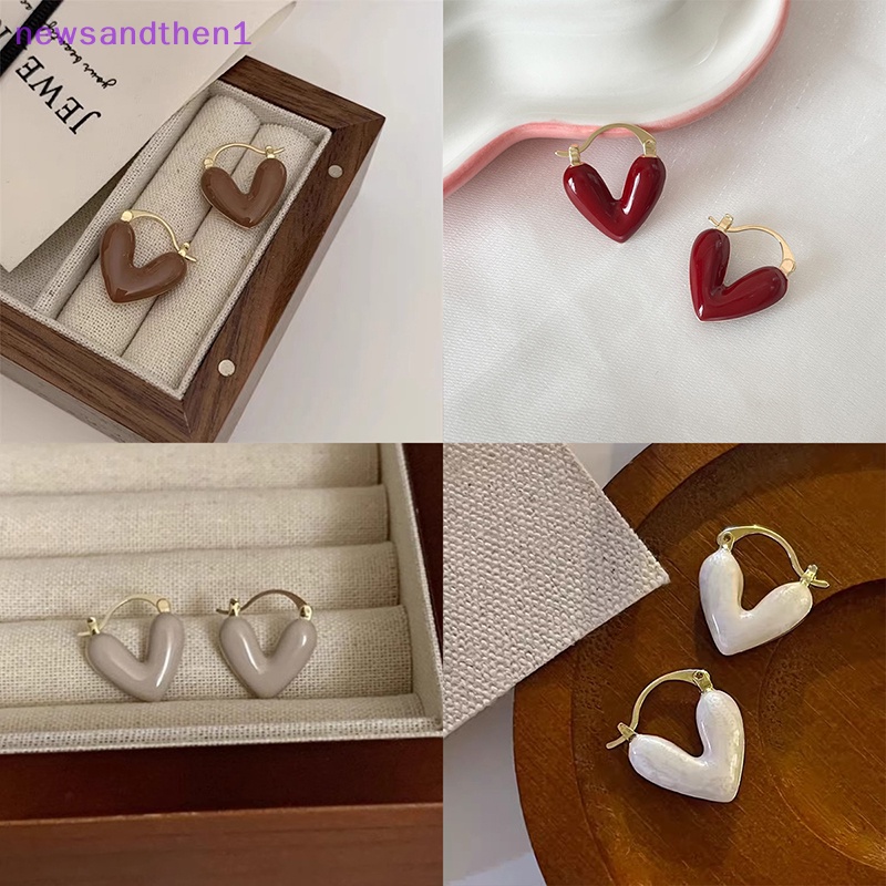 Newsandthen1 เครื่องประดับ ต่างหู จี้รูปหัวใจ สีไวน์แดง สไตล์ฝรั่งเศส โรแมนติก สําหรับผู้หญิง