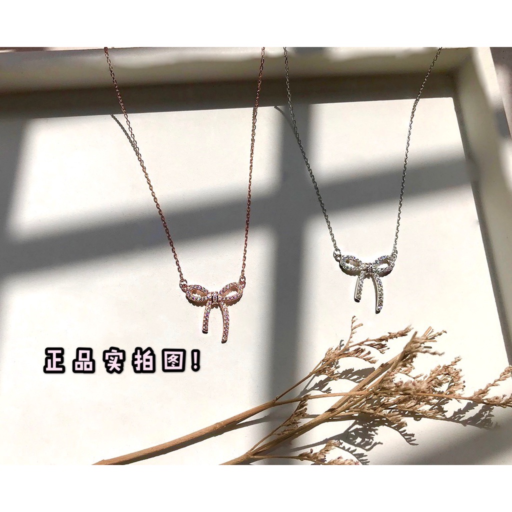 Niche Brand สร้อยคอโซ่สั้น จี้โบว์ ประดับเพทาย สีโรสโกลด์ สีเงิน กันน้ํา หรูหรา