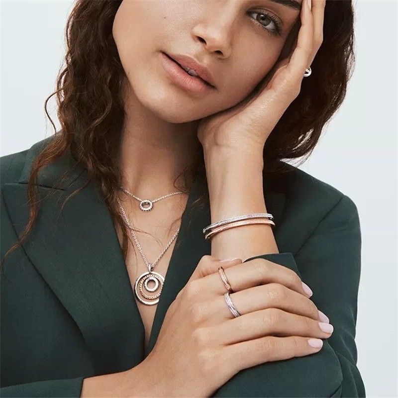Pandora แหวนเงิน 925 ประดับเพชร เพทาย ลูกบาศก์ เครื่องประดับสตรี