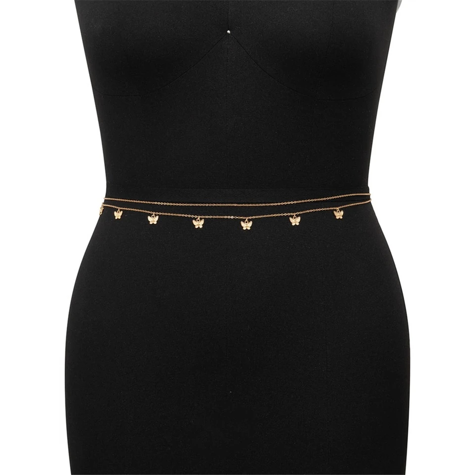 [SIS.SIE พร้อมส่ง]no.6348 โซ่เอว 2เส้น แต่งจี้ผีเสื้อ สีเงิน/สีทอง layered butterfly waistchain