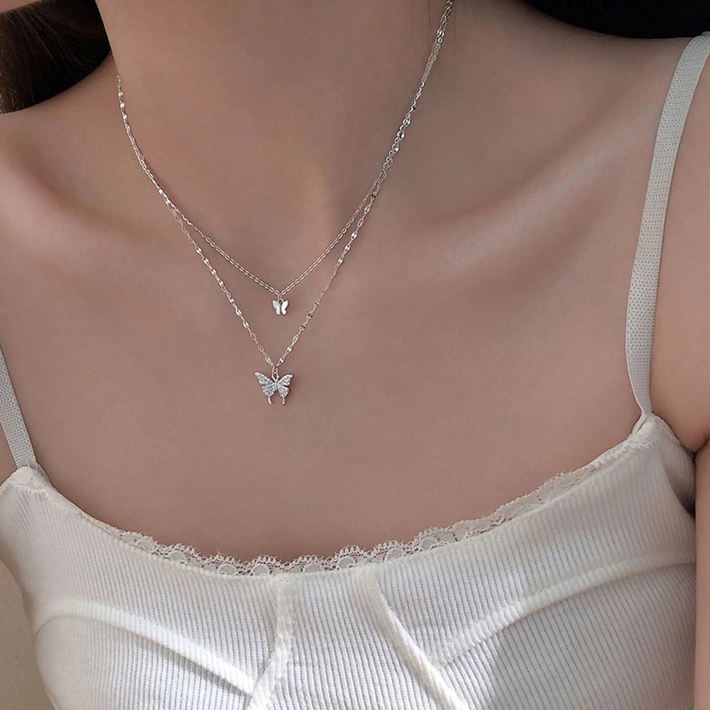 ( Women Girls ) สร้อยคอจี้ผีเสื้อประดับเพชรเทียมเครื่องประดับ