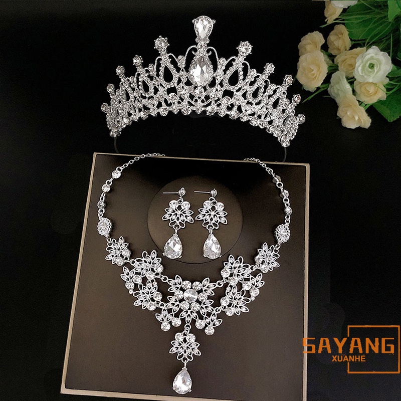 X-H 3pcs/set ชุดมงกุฎเจ้าสาว มงกุฎคริสตัล พร้อมต่างหู แฮนด์เมด หรูหรา สําหรับงานพรอม ปาร์ตี้