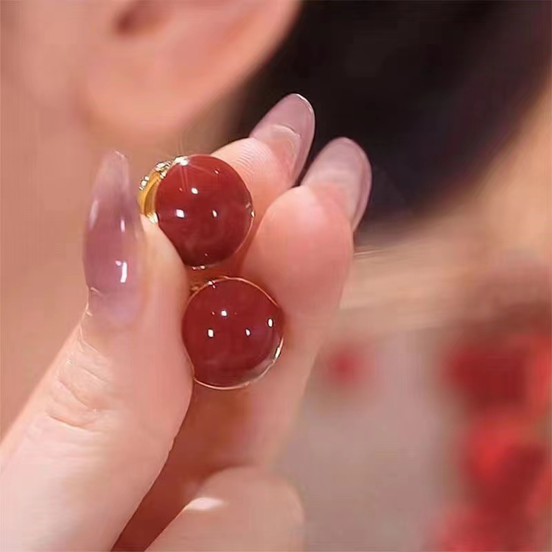 [YY] ต่างหู ทรงกลม สองด้าน เรียบง่าย สีแดง เครื่องประดับ สําหรับผู้หญิง