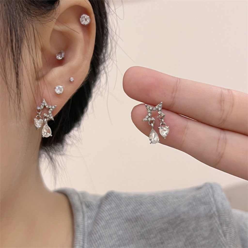 earika.earrings - super star set เซ็ตต่างหูแป้นทับธีมหัวใจดวงดาว ก้านเงินแท้ เหมาะสำหรับคนแพ้ง่าย