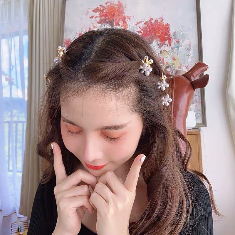 กิ๊บติดผม ทรงกลม ขนาดเล็ก ประดับไข่มุก และพลอยเทียม ลายดอกไม้ หรูหรา เครื่องประดับผม