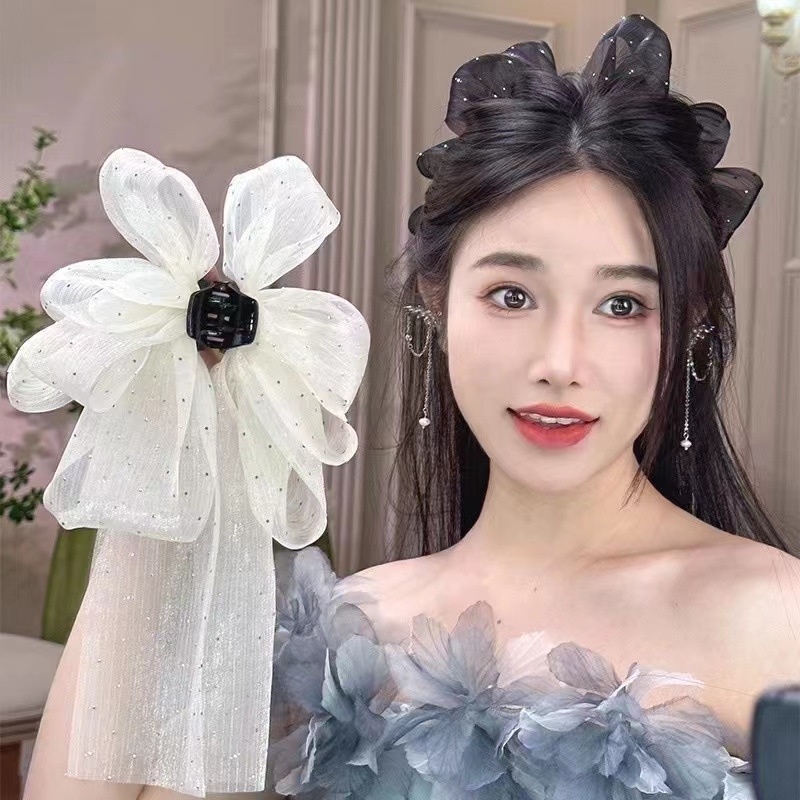กิ๊บติดผม ริบบิ้นตาข่าย ประดับโบว์ ขนาดใหญ่ สไตล์แฟรี่ เครื่องประดับแฟชั่น