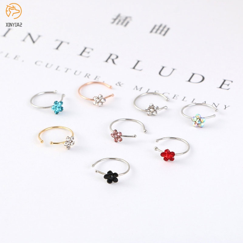 จิวจมูกดอกไม้ปลอมแหวนและกระดุมจมูกคลิปห่วงจมูก Rhinestone 5 Rhinestone