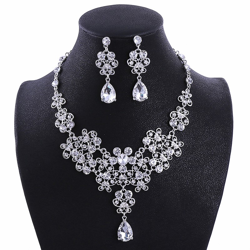 ชุดเครื่องประดับสร้อยคอต่างหูมงกุฎคริสตัล Rhinestone