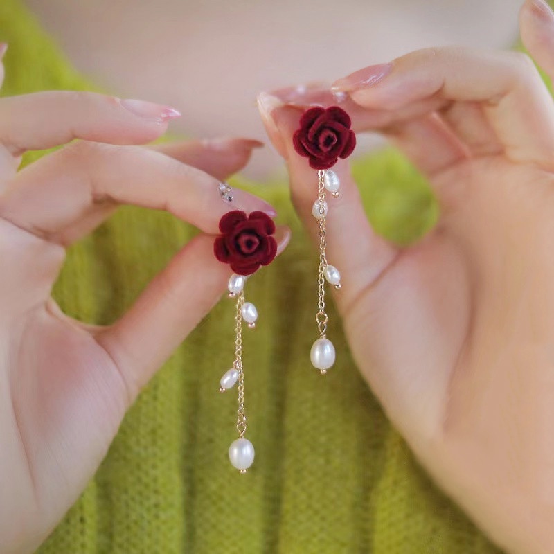 ต่างหู ประดับไข่มุก รูปดอกกุหลาบ สีแดง แฟชั่นอินเทรนด์ สไตล์โบราณ