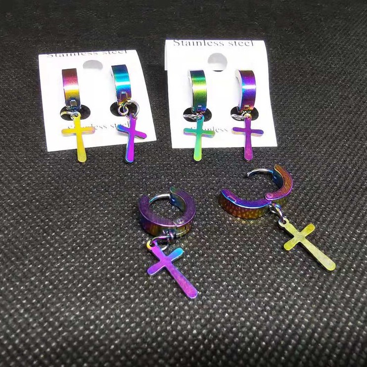 ต่างหู ไม่ต้องเจาะหู ตุ้มหู จิว ไม้กางเขน Cross Huggie Stud Earrings for Men Stainless Steel Earing Punk Male Costume Je