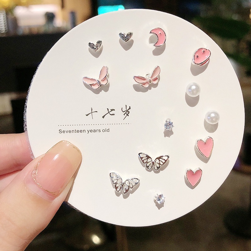 ต่างหูสตั๊ด เงิน S925 ขนาดเล็ก สำหรับผู้หญิง 7 ชิ้น/ชุด