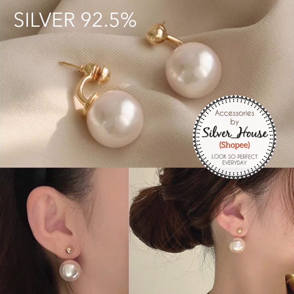 ต่างหูเงินแท้ 92.5% Front&Back ห้อยมุก16mm. ชุบสีทอง สวยหรูมากค่ะ