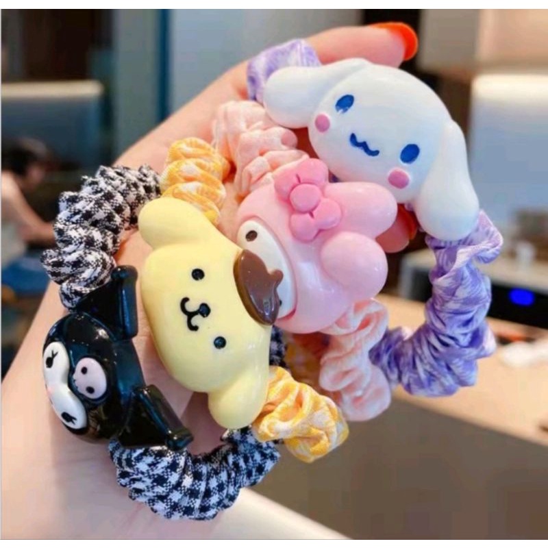 ยางมัดผมลายสก็อตหัวตัวการ์ตูนซานริโอหัวพลาสติก(พร้อมส่ง)