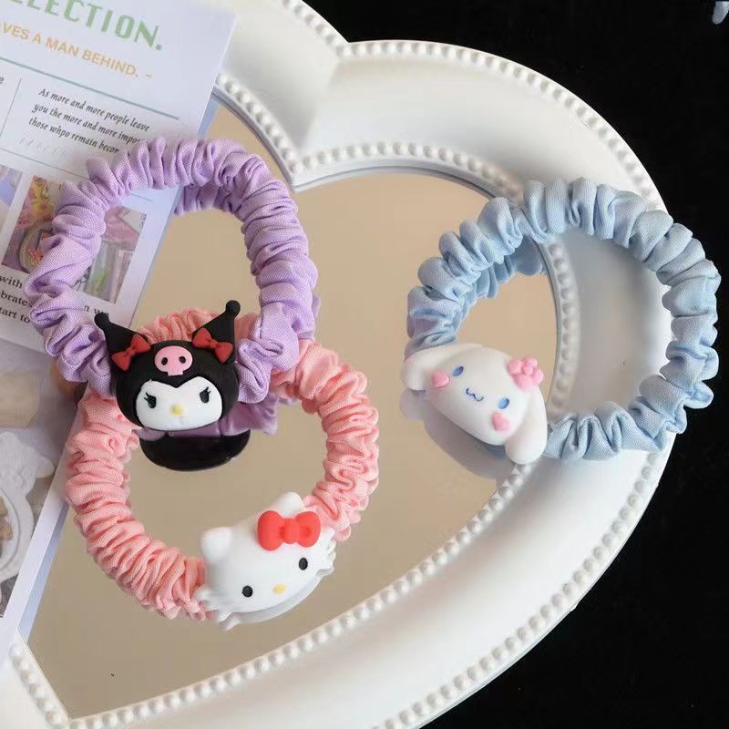 ยางรัดผม แบบนิ่ม ลายการ์ตูน Sanrio Cinnamon Dog Mymelody Purin Kuromi แบบเรียบง่าย สําหรับเด็กผู้หญิง