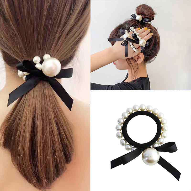 ยางรัดผมมุกโบว์ริบบิ้น Black Pearl Ribbon พร้อมส่งในไมย!!!