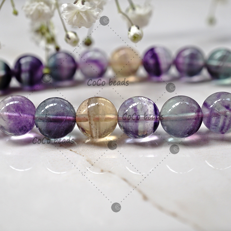 ลูกปัดหินฟลูออไรท์ธรรมชาติ ลายทางสีรุ้ง DIY อุปกรณ์เสริม