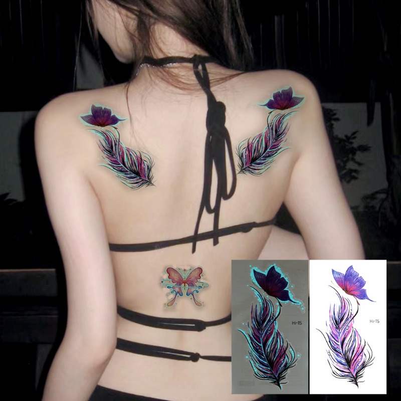 สติกเกอร์รอยสักชั่วคราว ลายขนนก ผีเสื้อเรืองแสง กันน้ํา สีฟ้า สําหรับตกแต่งร่างกาย