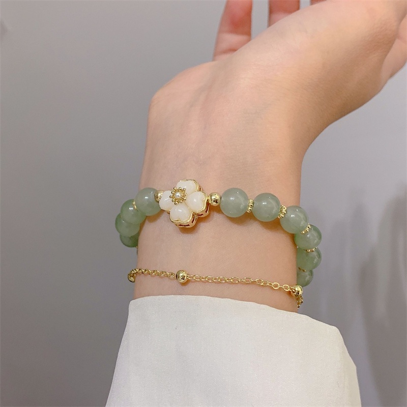 สร้อยข้อมือ ประดับลูกปัดหยกธรรมชาติ ลายดอกไม้ สองชั้น สําหรับผู้หญิง