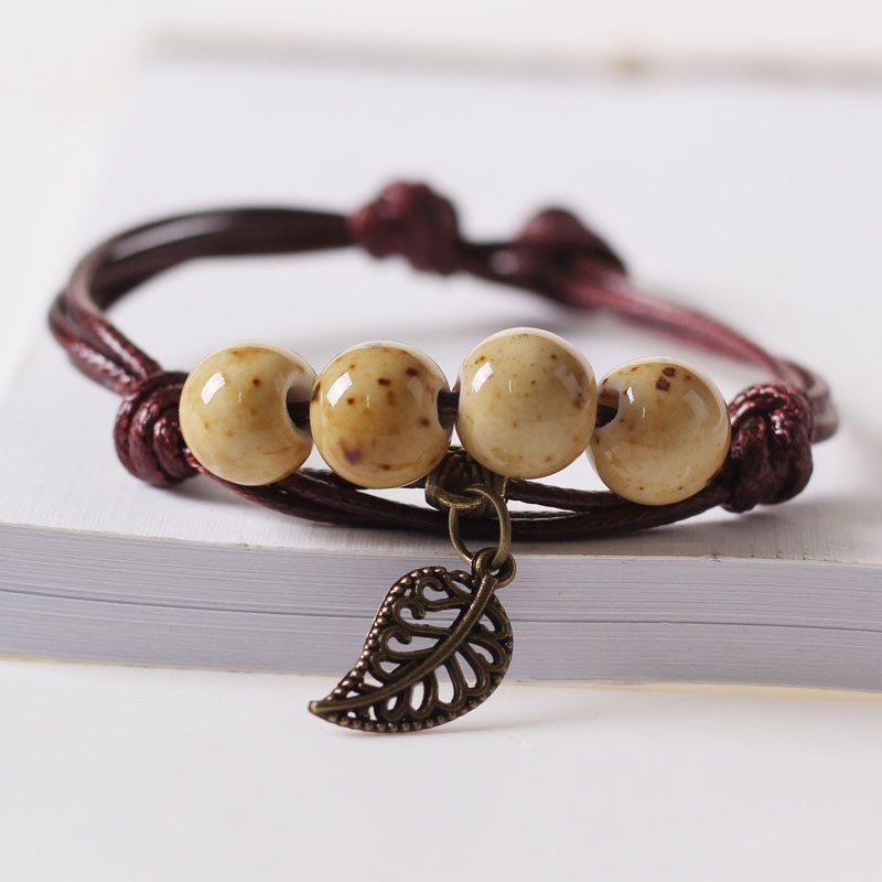 สร้อยข้อมือ เชือกถักเซรามิค ประดับลูกปัดพอร์ซเลน สีสันสดใส สไตล์ชนเผ่า สําหรับผู้หญิง
