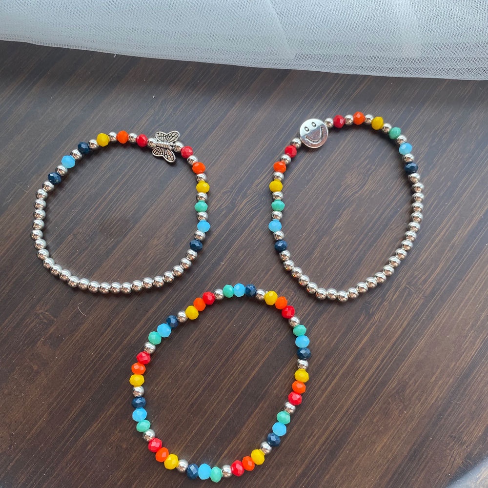 สร้อยข้อมือสร้อยข้อมือแหวนสร้อยข้อมือลูกปัดสีหน้ายิ้มสไตล์วินเทจ Boho