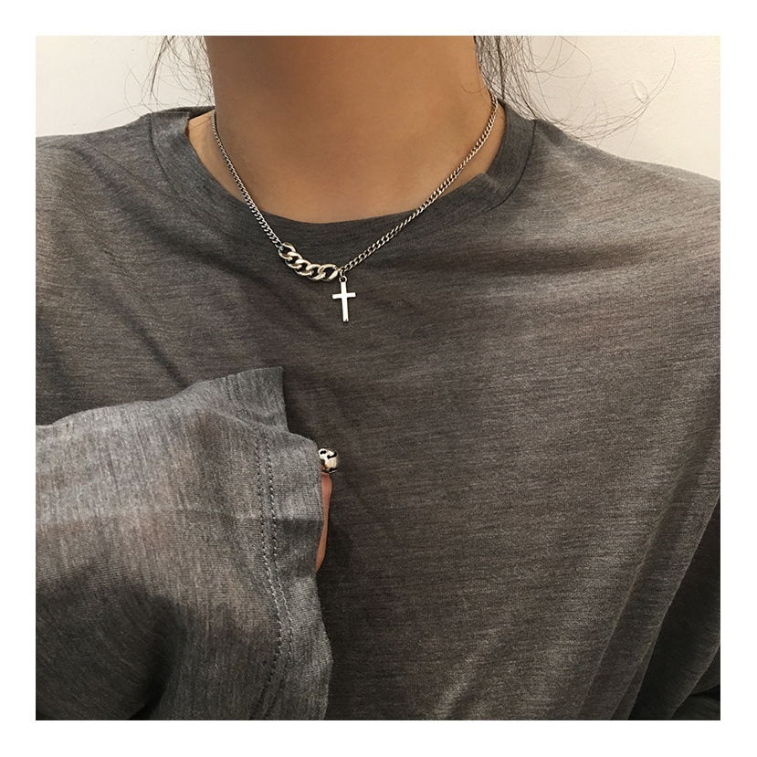 สร้อยคอสายโซ่จี้ไม้กางเขนสั้นสไตล์เกาหลี ( silver)