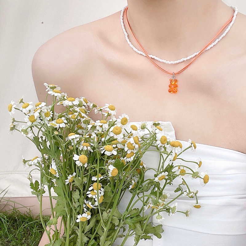 สร้อยคอหมีเยลลี่แบร์สีสันสดใสสวยหวานน่ารักลูกปัดขาวเวอร์ชั่นญี่ปุ่นและเกาหลี