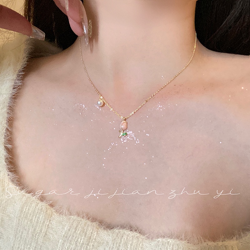 สร้อยคอโชคเกอร์ จี้ดอกทิวลิป สีชมพู 17 กม. สําหรับเครื่องประดับ