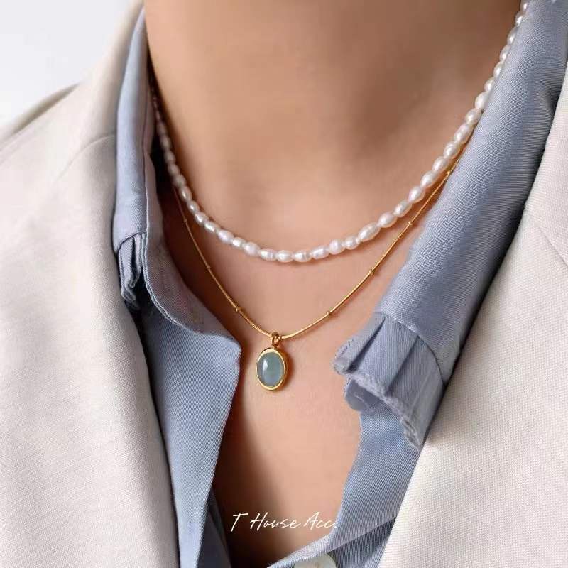สร้อยคอโซ่ เหล็กไทเทเนียม ชุบทอง 18K จี้คริสตัล โอปอล อความารีน สําหรับผู้หญิง