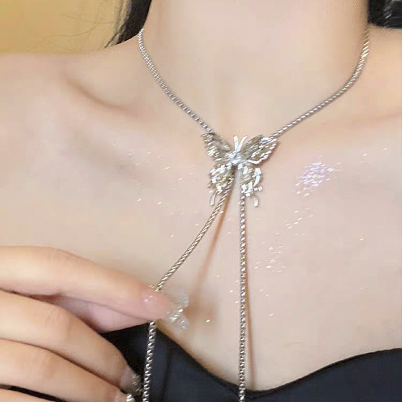 สร้อยคอโซ่ยาว จี้ผีเสื้อดึง สไตล์หวานแหวว อเนกประสงค์ สําหรับผู้หญิง