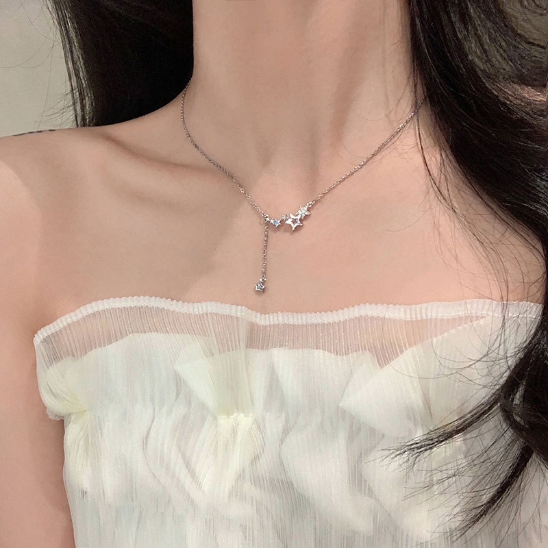 สร้อยคอโซ่เงิน 17 กม. สําหรับผู้หญิง ดาวห้าแฉก เพทาย จี้เค้นคอ สร้อยคอ เครื่องประดับ