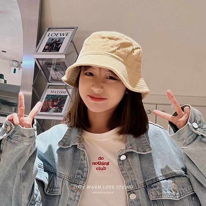 หมวกบักเก็ต กำมะหยี่ลูกฟูก สีพื้น มินิมอล bucket Ins ปรับขนาดได้