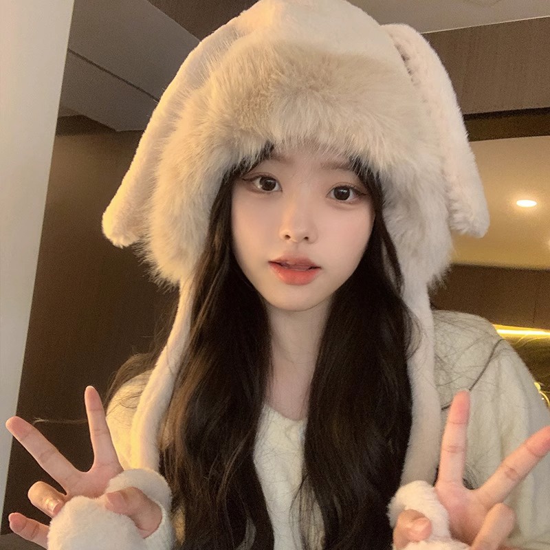 หมวกบักเก็ต ผ้าวูล แต่งหูกระต่าย ขนาดใหญ่ ให้ความอบอุ่น แฟชั่นฤดูหนาว สําหรับผู้หญิง