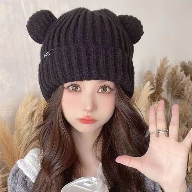 หมวกบีนนี่ ผ้าขนสัตว์ถัก แต่งหูแมว ลายหูหมี และตัวอักษร เข้ากับทุกการแต่งกาย สไตล์สตรีท