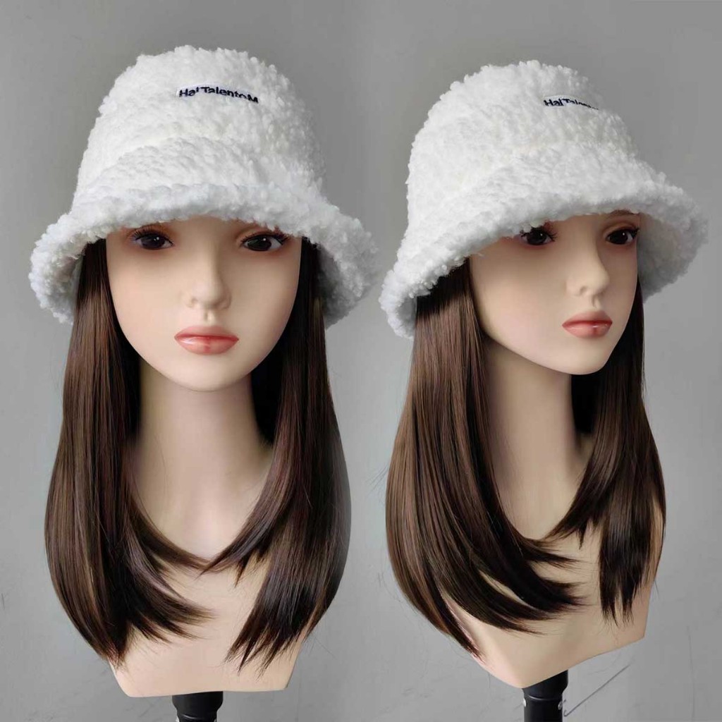 หมวกวิกผมกากี ผมยาวตรง 30cm ผมสีน้ำตาลเย็น ถอดไม่ได้ สวมใส่ง่าย