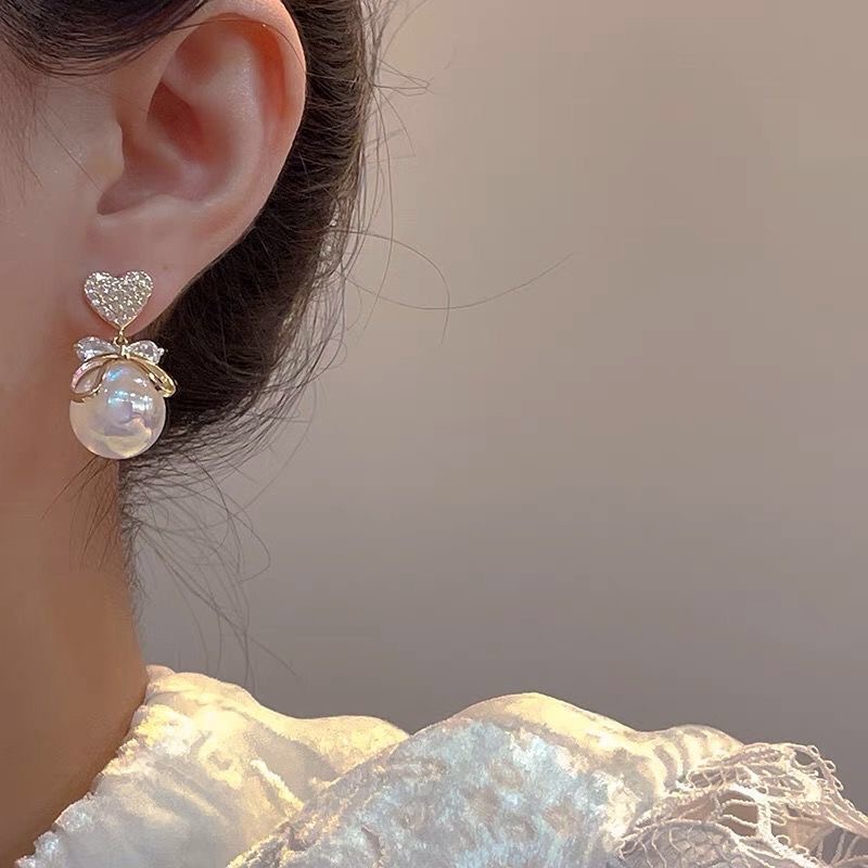 เครื่องประดับ ต่างหูคริสตัล รูปหัวใจ นางเงือก ประดับไข่มุก แฟชั่นสําหรับผู้หญิง