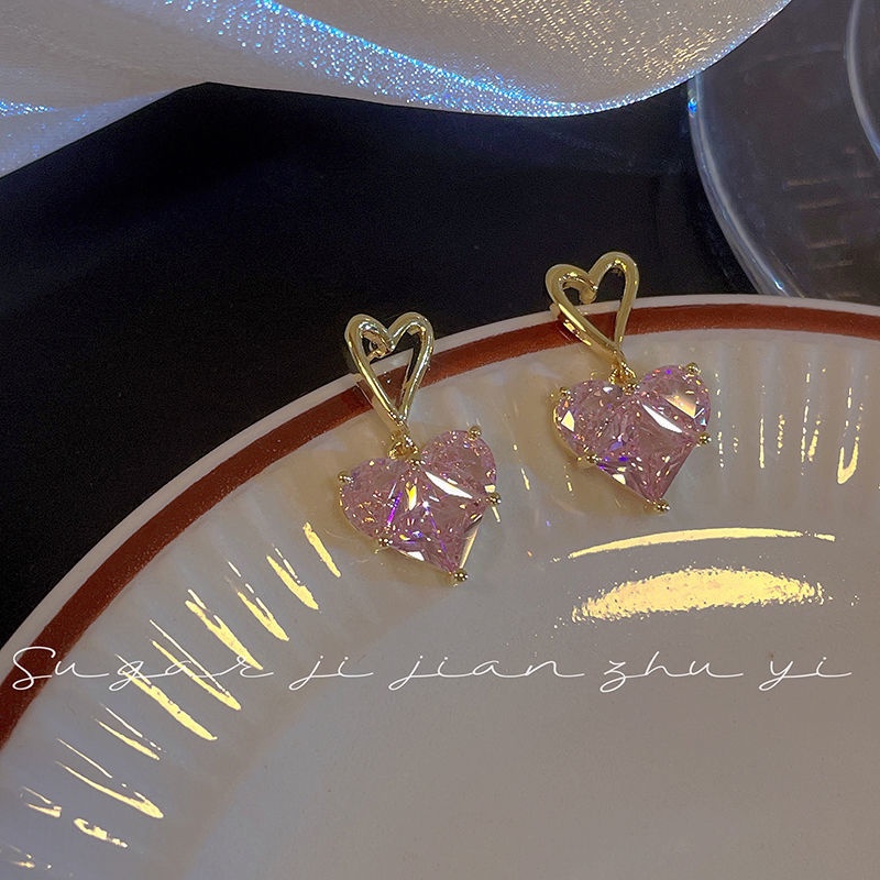 เครื่องประดับ สร้อยคอ ต่างหู จี้รูปหัวใจ ประดับเพทาย สีชมพู แฟชั่นสําหรับผู้หญิง